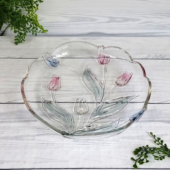 Mikasa Tivoli Tulip Plater Clear Crystal With Pink And Blue Tulips. 12" - Picture 1 of 7